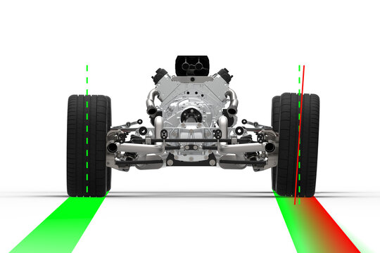 Car rear wheel missalignment.3D illustration with back view of a car drivetrain with rear wheels alignment. Car positive camber 