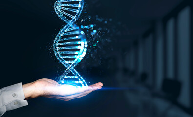 Man hand and DNA hologram, genetic medicine and innovation