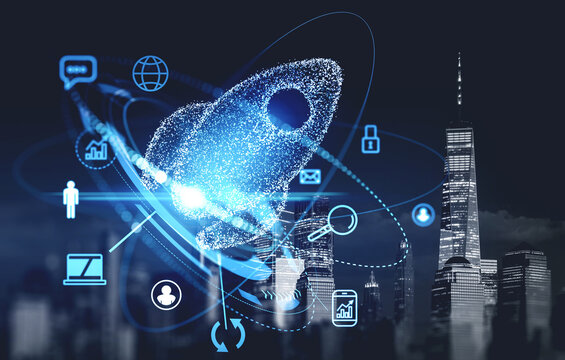 Blue hologram of startup rocket hologram and business icons, New York city view
