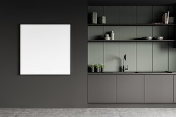 Grey and green kitchen with empty square mockup