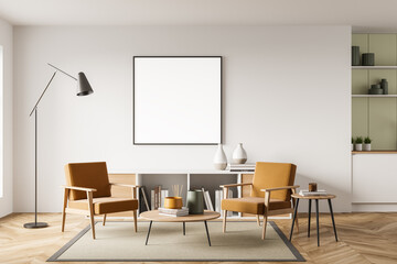 Light guest room interior with armchairs and drawer, mockup poster