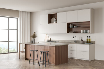 Light kitchen set interior with shelves and kitchenware, panoramic window