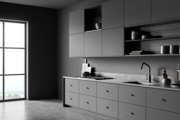 Dark kitchen set interior with shelves and kitchenware, panoramic window
