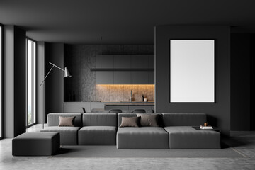 Dark kitchen room interior with empty white poster, panoramic window