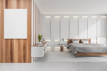 Bedroom interior with bed, linens and drawer with decoration, mockup poster