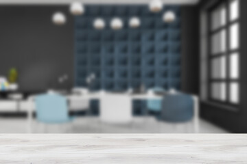 Black and white dining interior with six seats near window. Mockup