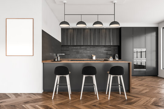 Dark kitchen interior with furniture, bar chairs and table, mock up poster