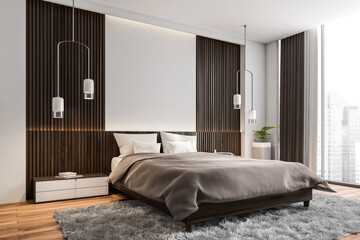 Corner view of modern white and grey bedroom with wood wall panels