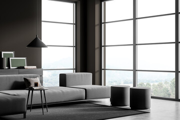 Fototapeta premium Grey and brown living room with padded stools. Corner view.