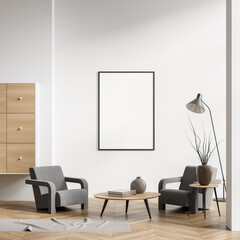 Bright living room interior with empty white poster