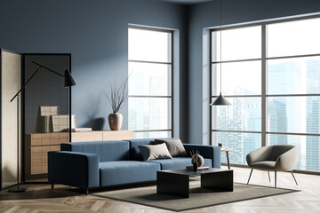 Blue living room with modern design. Corner view.