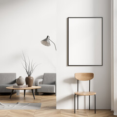 Fototapeta Bright living room interior with empty white poster obraz