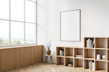 Light exhibition room interior with wooden shelf and decoration, mockup poster