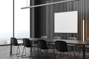 Fototapeta premium Corner view of modern dark grey meeting room