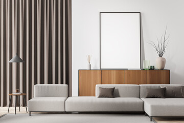 Bright living room interior with empty white poster, large sofa