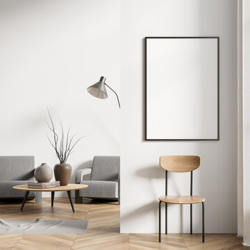 Bright living room interior with empty white poster