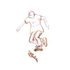 Hand drawn linear pencil illustrarion in sketch style. A young skater is jumping. Summer activities. Use for prints on clothes and for the design of posters.