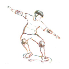 Hand drawn linear pencil illustration in sketch style. A young skater is jumping. Summer activities. Use for prints on clothes and for the design of posters.