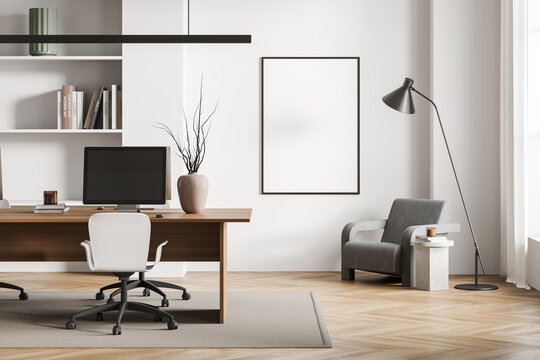 Bright office room interior with empty white poster
