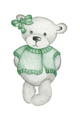 cute teddy bear girl with a green bow and in a green dress on a white background.