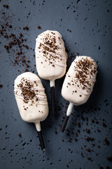 Homemade and cold popsicles decorated with coffee grains