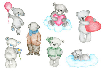 set of cute teddy bears isolated items on white background.