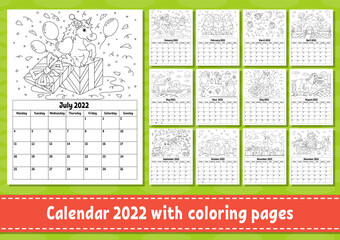 Vertical calendar for 2022 with a cute character. Coloring page for kids. Set of 12 months. Isolated vector illustration. Cartoon style. Week starts on Monday.