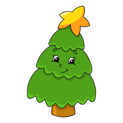 Fir tree. Cartoon character. Colorful vector illustration. Isolated on white background. Design element. Template for your design, books, stickers, cards.