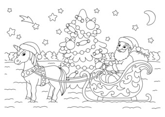Fototapeta na wymiar Santa Claus and the unicorn are carrying gifts on a Christmas sleigh. Coloring book page for kids. Cartoon style character. Vector illustration isolated on white background.