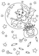 A cute bat carries a pumpkin basket with sweets. Moon and stars in the background. Halloween theme. Coloring book page for kids. Cartoon style. Vector illustration isolated on white background.