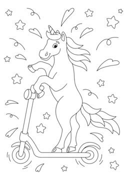 A cheerful unicorn rides an electric scooter. Coloring book page for kids. Cartoon style character. Vector illustration isolated on white background.