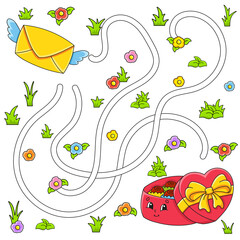 Funny maze for kids. Puzzle for children. cartoon character. Labyrinth conundrum. Color vector illustration. Find the right path. Valentine's Day