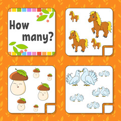 Counting game for children. Happy characters. Learning mathematics. How many object in the picture. Education worksheet. With space for answers. Isolated vector illustration in cute cartoon style.