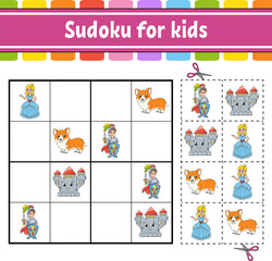 Sudoku for kids. Fairytale theme. Education developing worksheet. Activity page with pictures. Puzzle game for children. Isolated vector illustration. Funny character. Cartoon style.