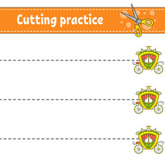 Cutting practice for kids. Fairytale theme. Education developing worksheet. Activity page. Color game for children. Isolated vector illustration. Cartoon character.
