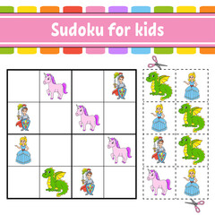 Sudoku for kids. Fairytale theme. Education developing worksheet. Activity page with pictures. Puzzle game for children. Isolated vector illustration. Funny character. Cartoon style.