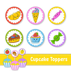 Cupcake Toppers. Set of six round pictures. Cartoon characters. Cute image. For birthday, party, baby shower.
