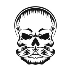 Human skull with mustache. Black silhouette. Design element. Hand drawn sketch. Vintage style. Vector illustration.