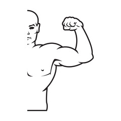 Bodybuilder strong man. Outline silhouette. Design element. Vector illustration isolated on white background. Template for books, stickers, posters, cards, clothes.