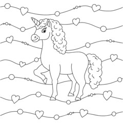Magic fairy unicorn. Cute horse. Coloring book page for kids. Unusual pattern. Cartoon style. Vector illustration isolated on white background.