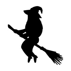 Witch in a hat flies on a broomstick. Black silhouette. Design element. Vector illustration isolated on white background. Template for books, stickers, posters, cards, clothes. Halloween theme.