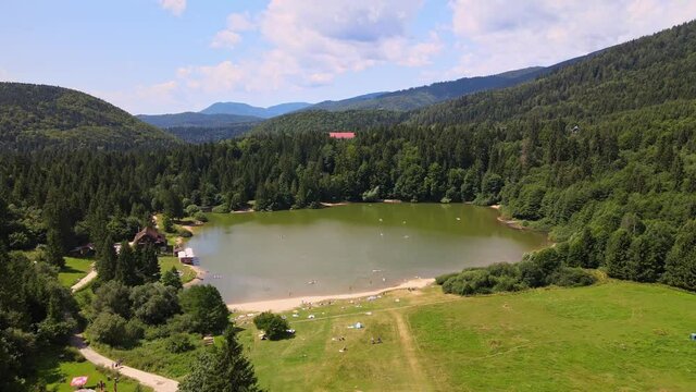 Aerial view of the Krpacovo reservoir in the village of Dolna Lehota in Slovakia