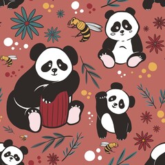 Pattern with pandas, bees, honey and bamboo