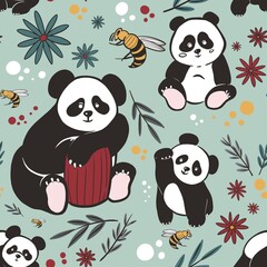 Pattern with pandas, bees, honey and bamboo