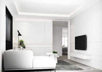 A living room designed in a minimalist style. With warm tones and wooden materials, on parquet floors, TV cabinets and gray fabric sofas with coffee table and wooden blinds on the windows. 3d render