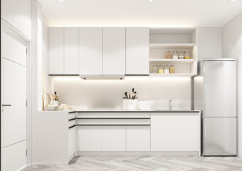 Fototapeta na wymiar The kitchen is designed in minimalist style and made of wood material, with white countertops with hidden lights and a sink, stove and refrigerator on parquet floors. 3d render