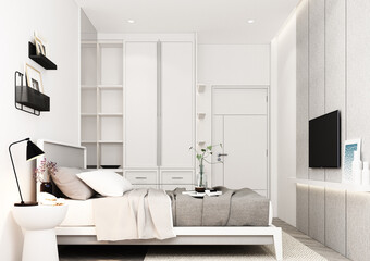 Bedroom designed in minimalist style with bed, bedside table. and the walls are decorated with wooden materials On parquet floors and wooden blinds with many decorations and wardrobe 3d render
