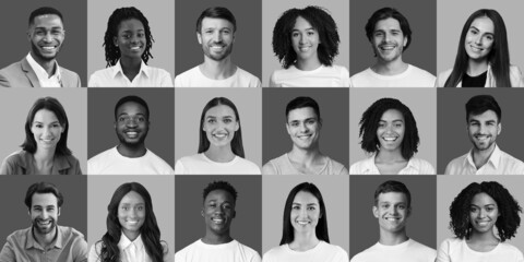 Successful multiracial people cheerfully smiling, set of monochrome photos