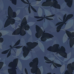 Seamless pattern of butterflies and dragonflies on an abstract background. Abstract botanical ornament for design, wallpaper, packaging, print.