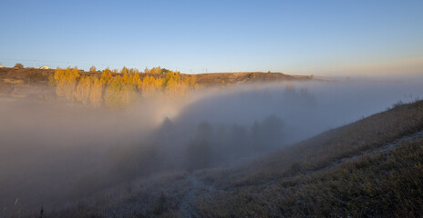 Autumn landscape with early morning fog. Birch trees with bright yellow foliage illuminated by the sun. Trees and hills in the fog. Dawn on a cold autumn morning.